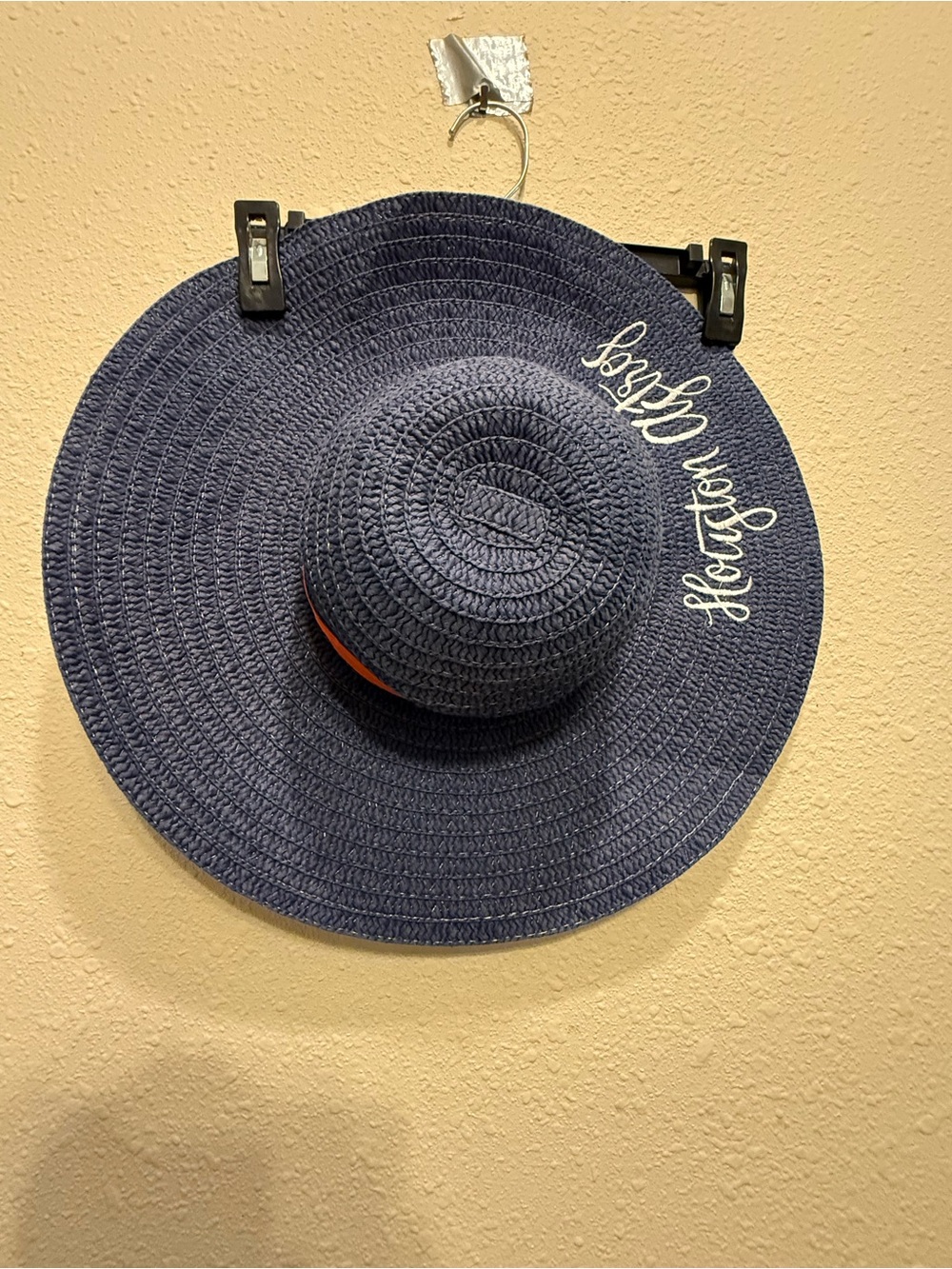 Navy Wide-Brim Straw Sun Hat with White Script Detail